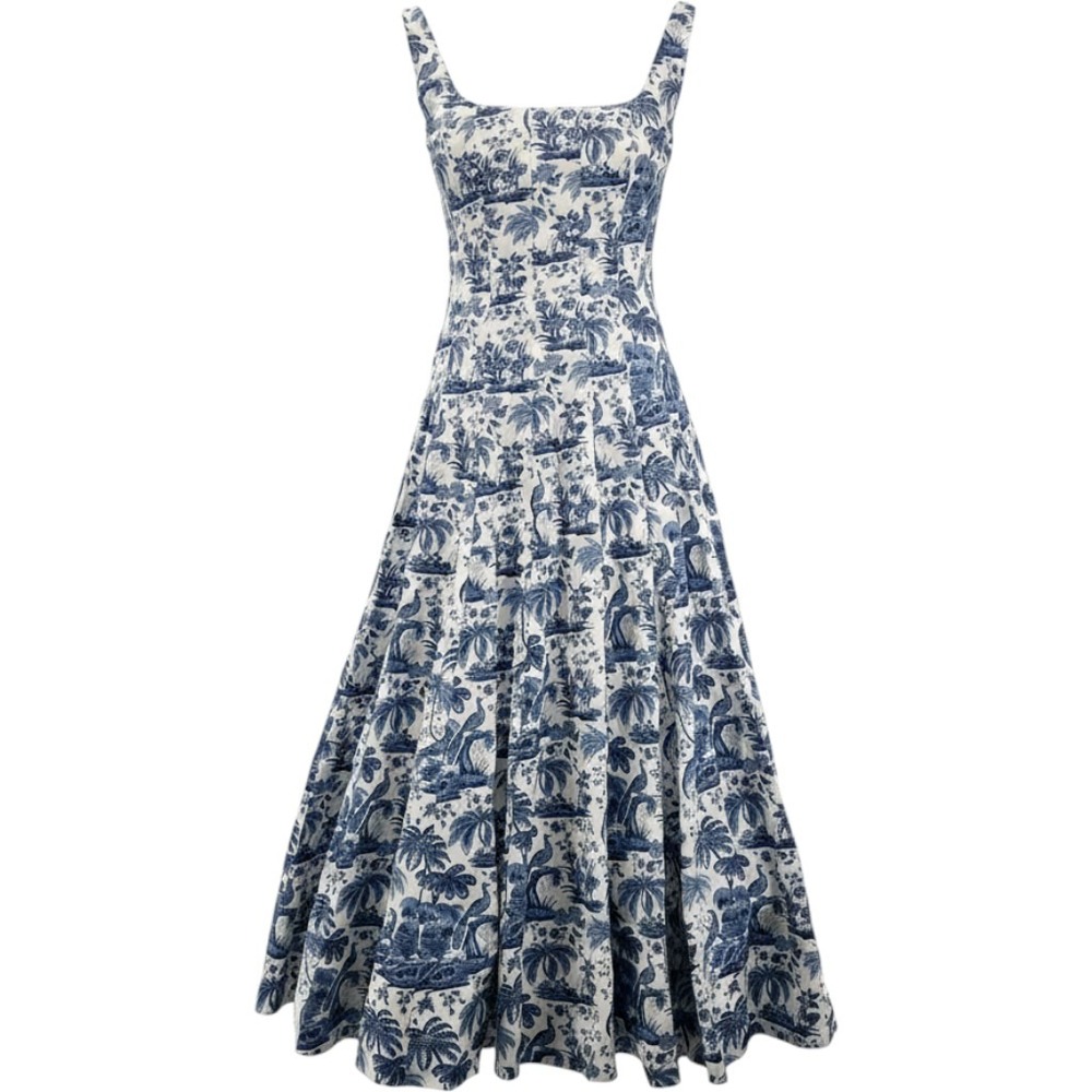 Staud Wells Dress Women 4 Blue White Toile Print Pleated Midi